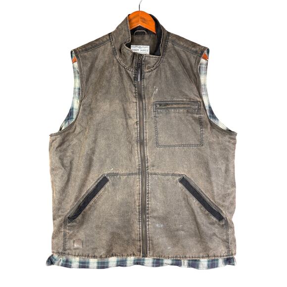Cody James Dusty 3.0 Oil Coated Zip Up Vest Jacket Brown Plaid Liner Mens XL GUC - Picture 1 of 12